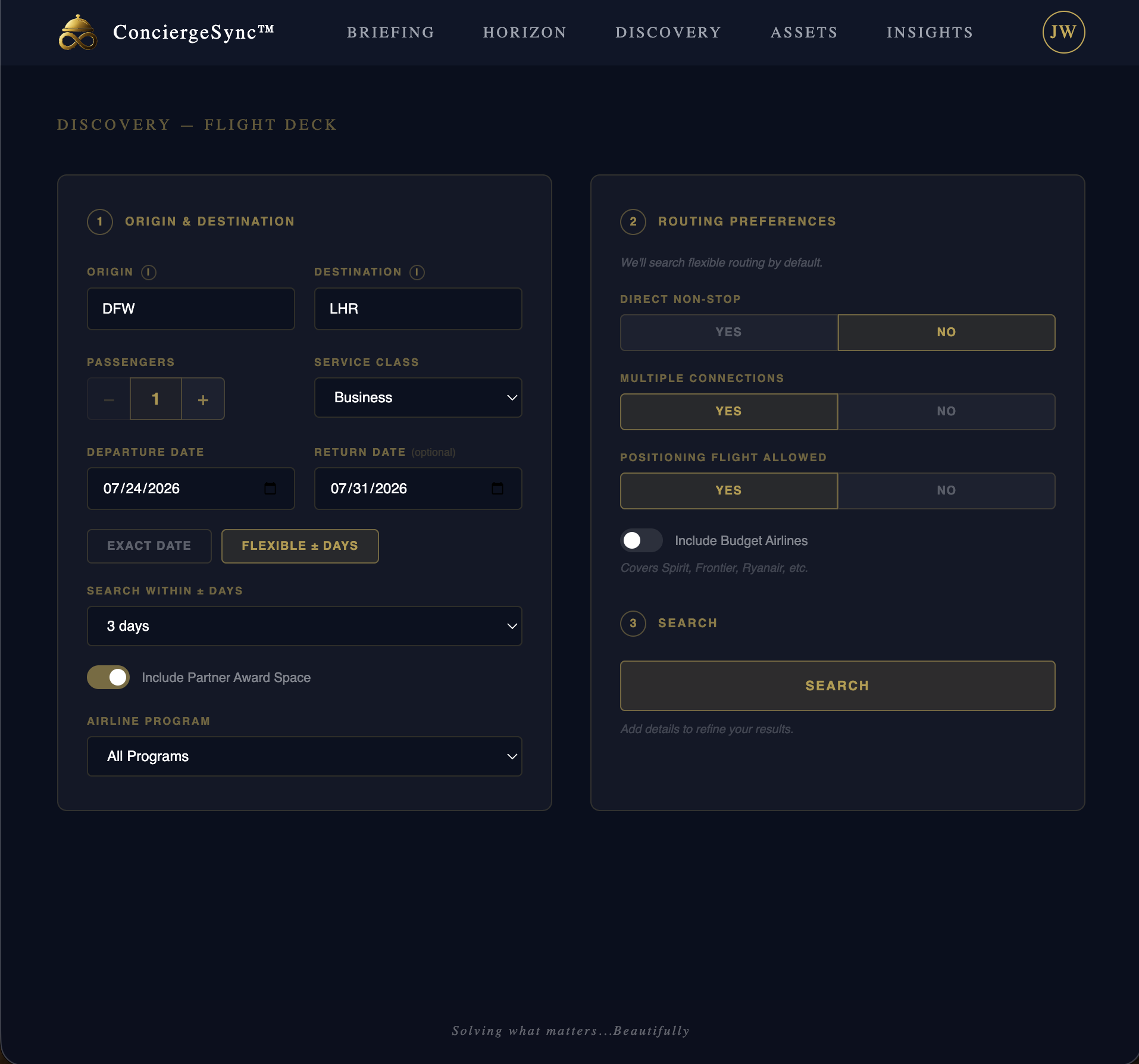 ConciergeSync™ Flight Deck search